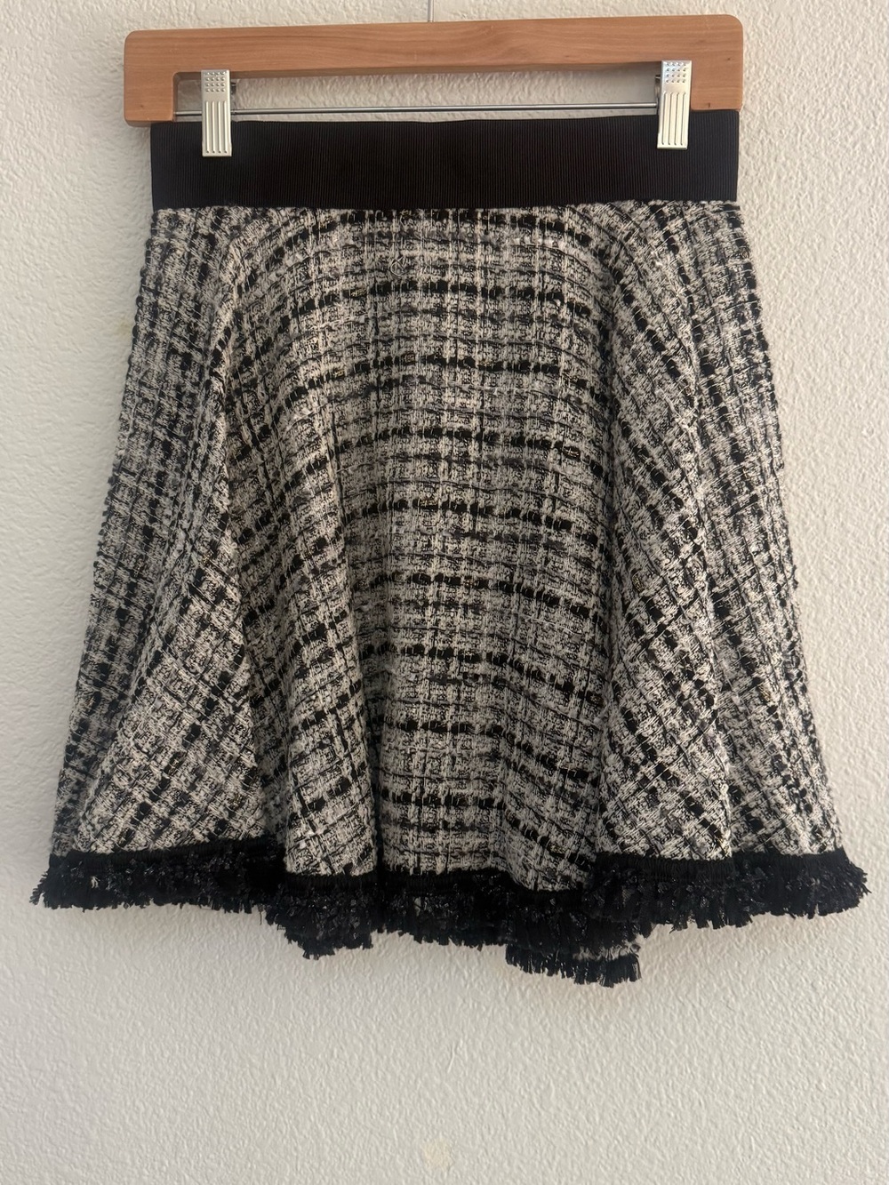 Milly Black and Cream Tweed Skater Skirt with Fringe Hem